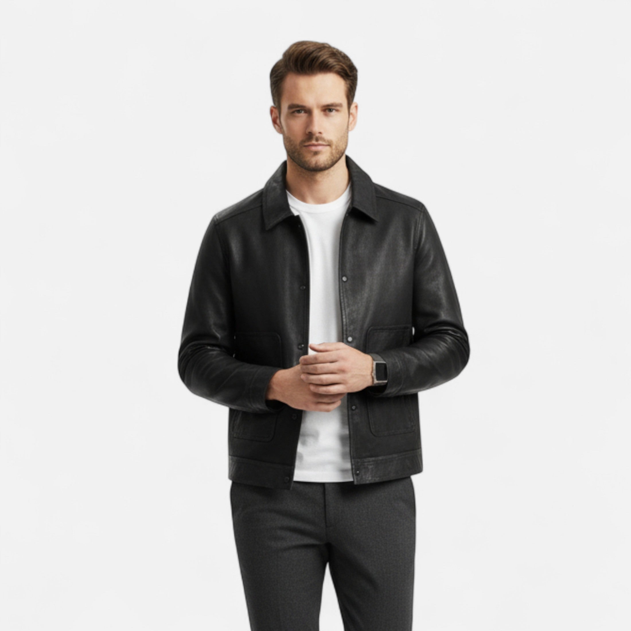 Men’s Lapel Cotton-Blend PU Jacket with Tailored Finish