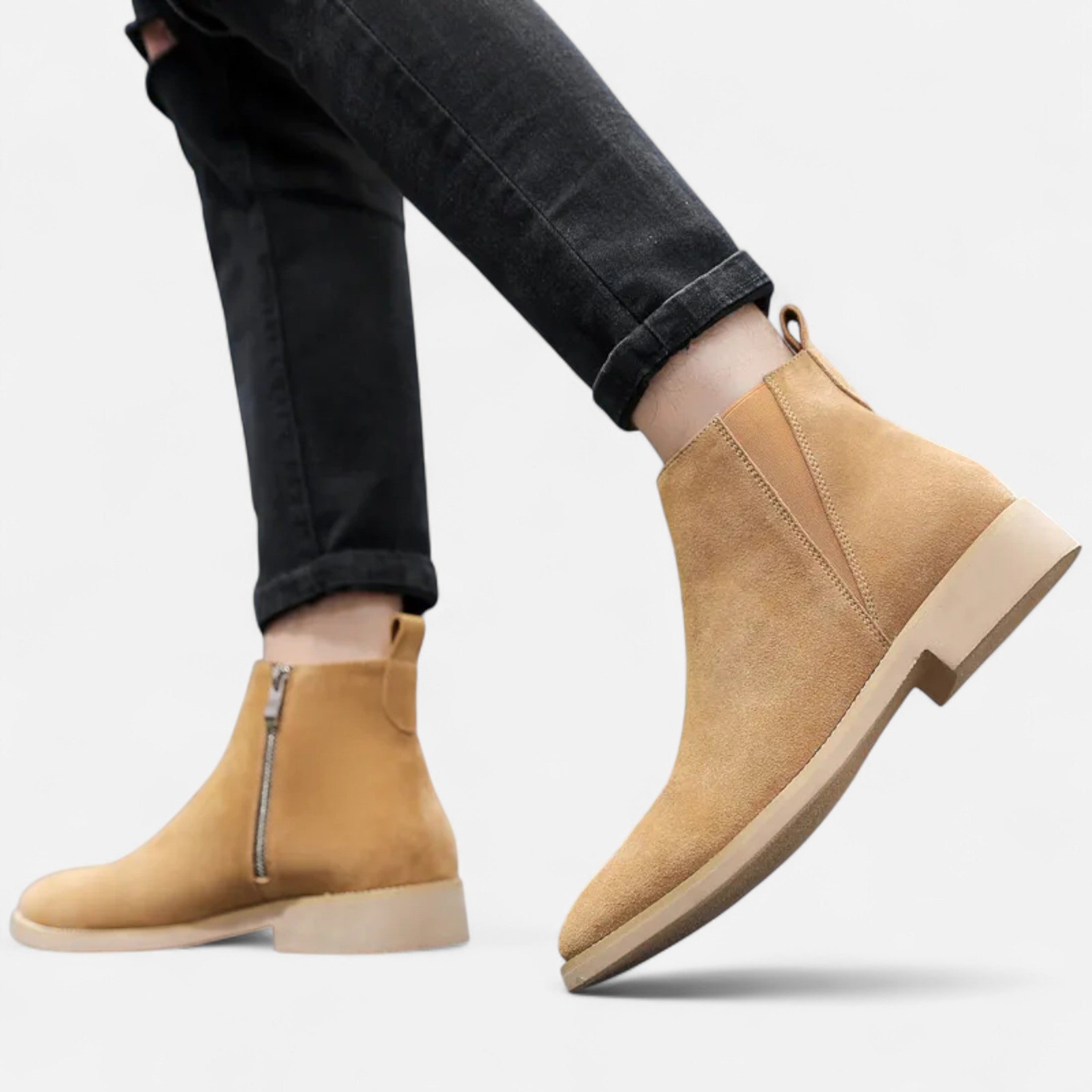 Men’s Pointed Toe Mid-Cut Suede-Style Zipper Boots with Durable Rubber Sole