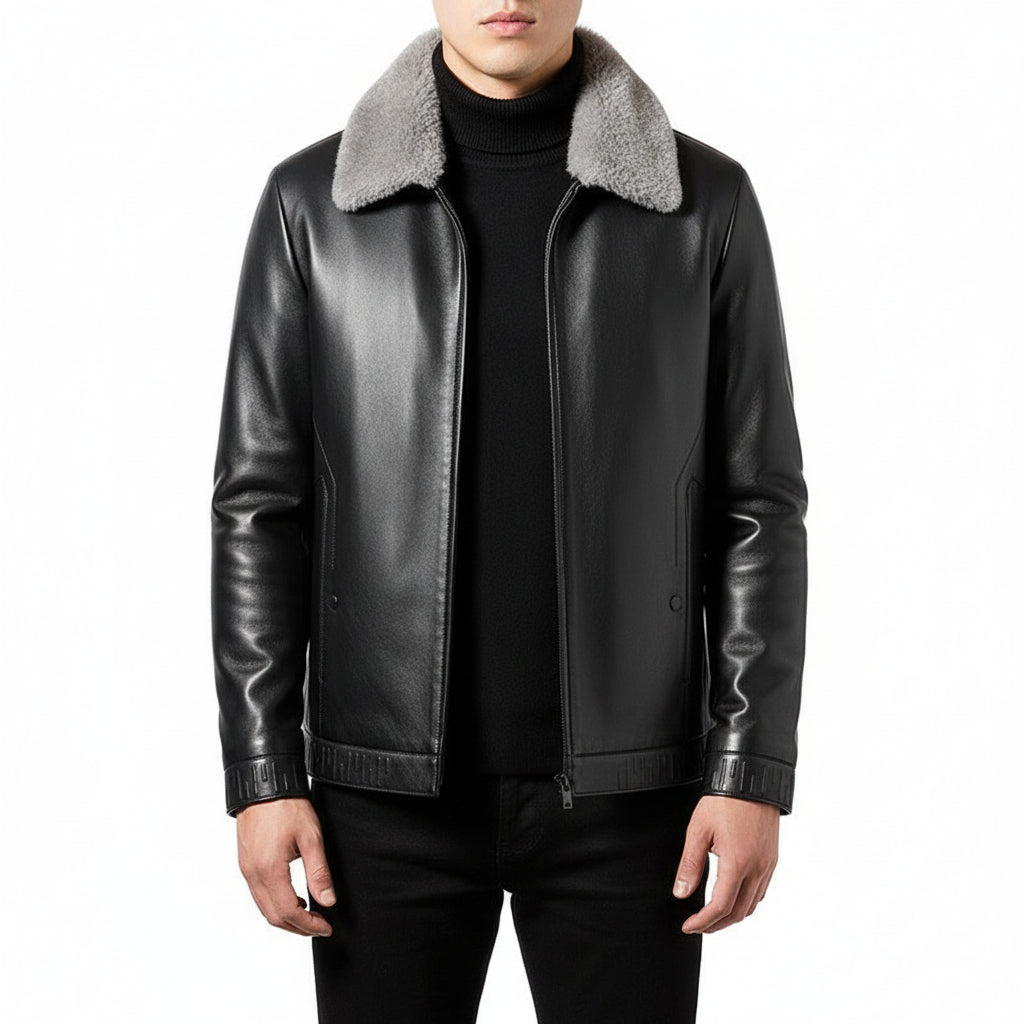 Men’s Solid Color Long-Sleeve Casual Leather Jacket
