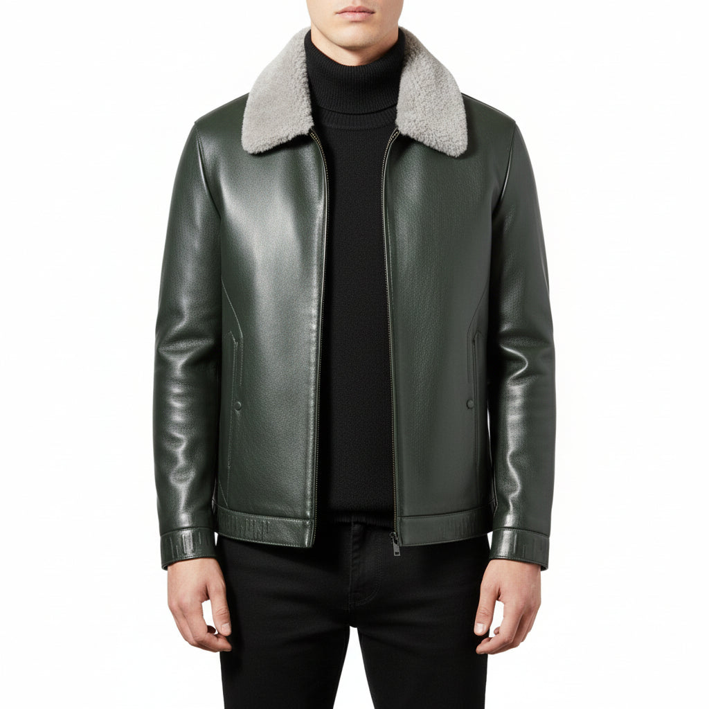 Men’s Solid Color Long-Sleeve Casual Leather Jacket