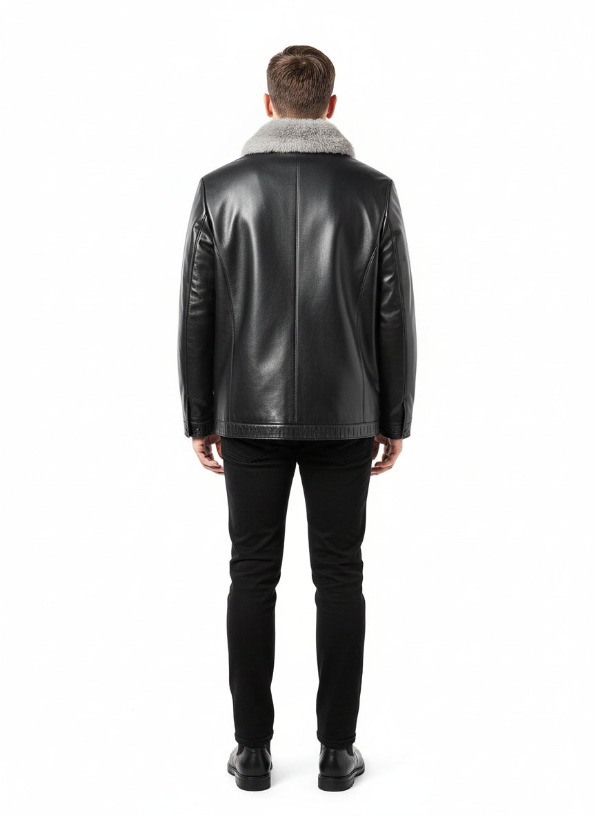 Men’s Solid Color Long-Sleeve Casual Leather Jacket