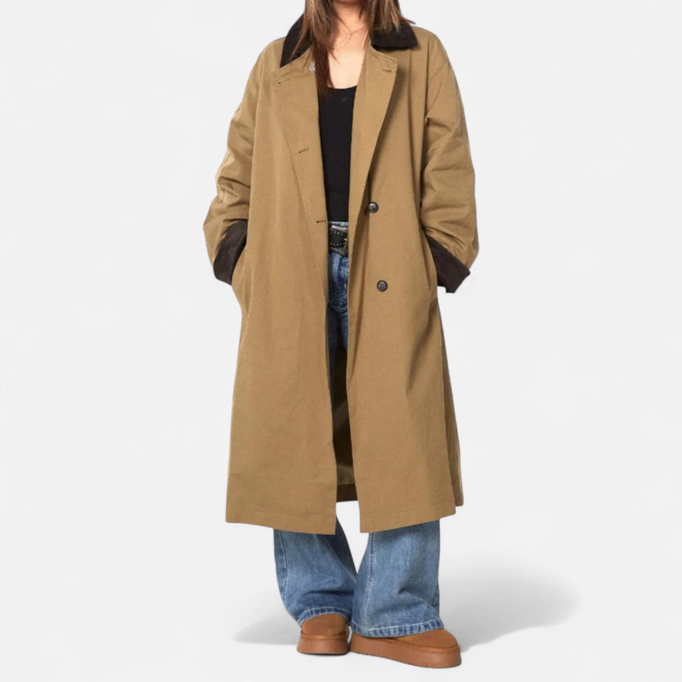 Women’s Single-Breasted Cotton Patchwork Mid-Length Trench Coat