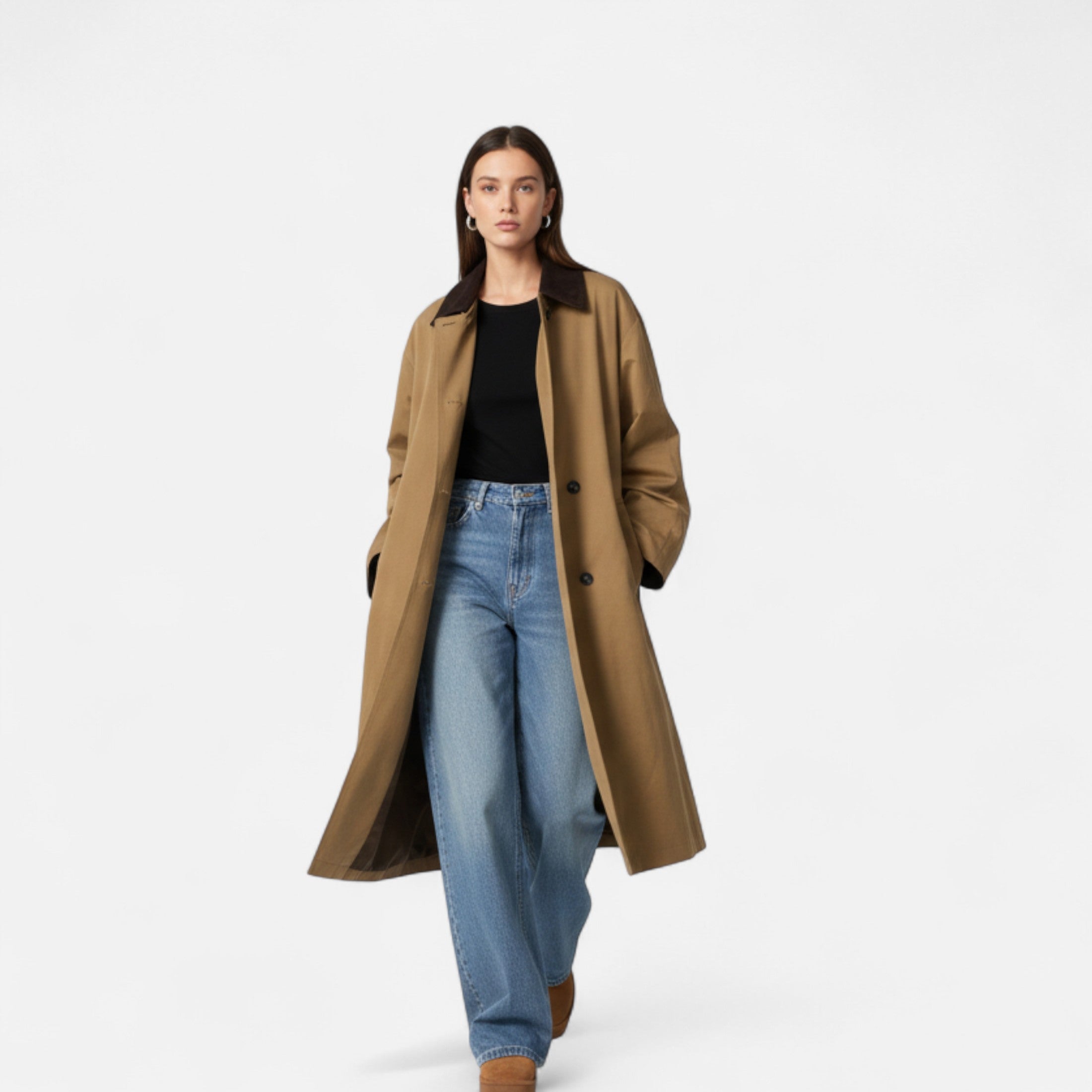 Women’s Single-Breasted Cotton Patchwork Mid-Length Trench Coat