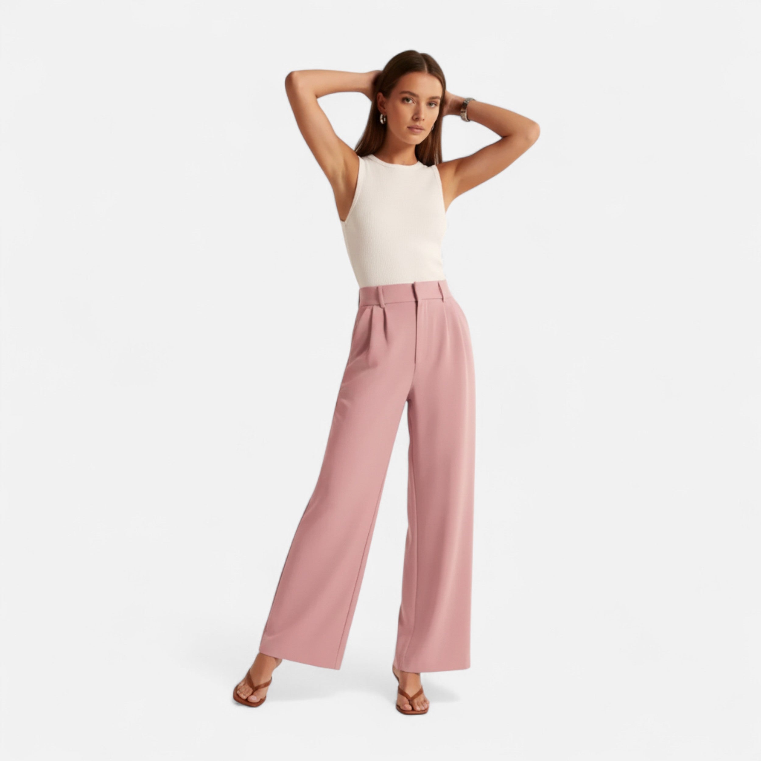 Women’s Solid Color High-Waist Wide-Leg Trousers with Pocket Detail