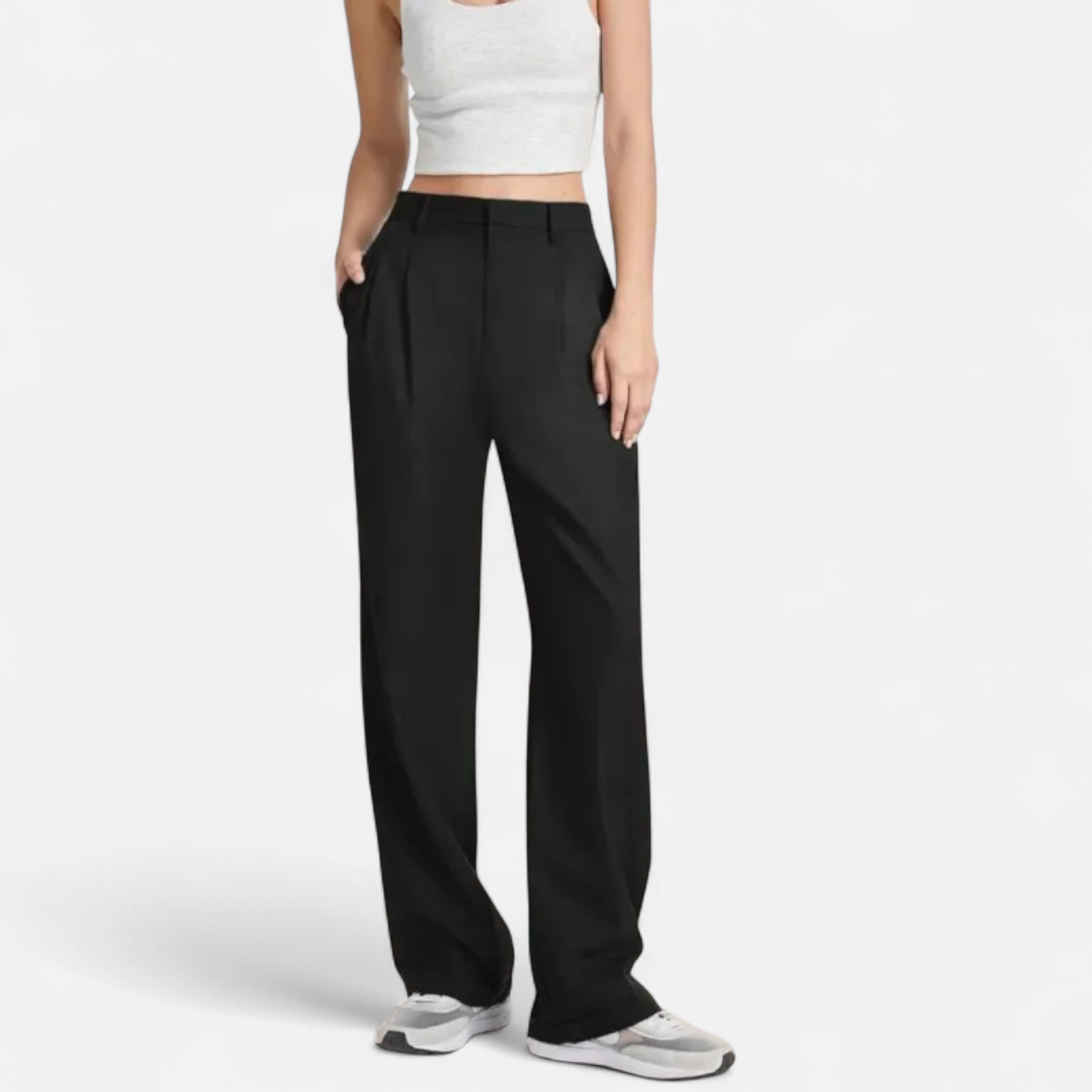 Women’s Solid Color High-Waist Trousers with Pocket Detail