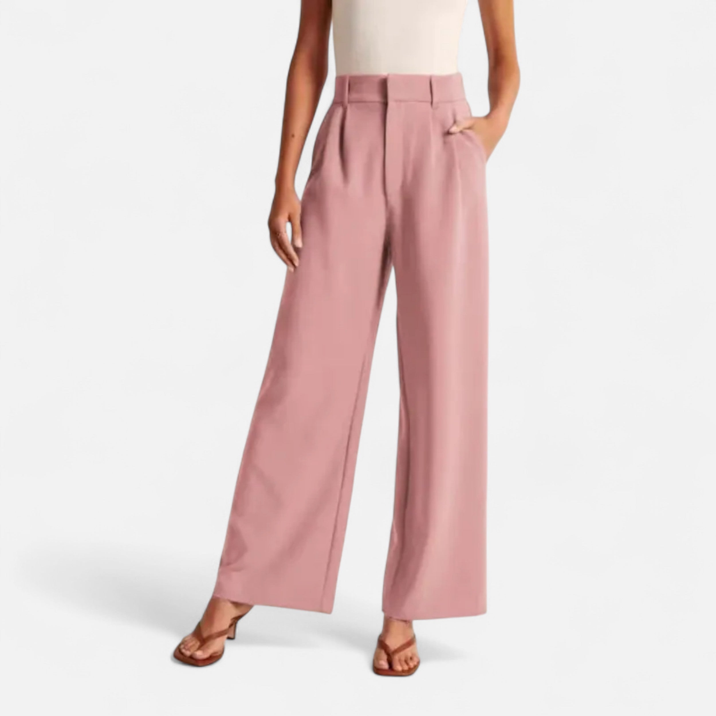 Women’s Solid Color High-Waist Wide-Leg Trousers with Pocket Detail