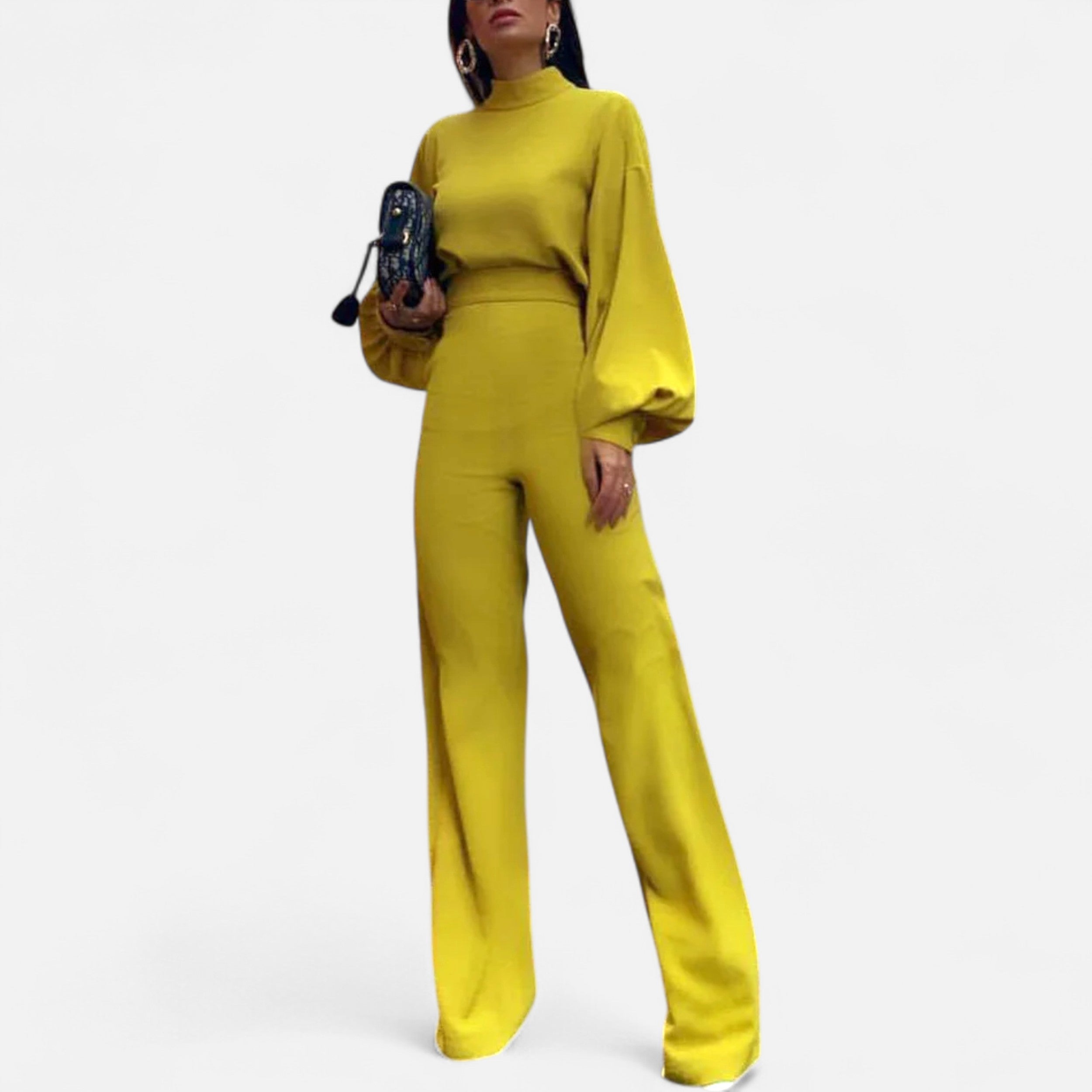 Women’s Wide-Leg High-Waist Jumpsuit with Lantern Sleeves