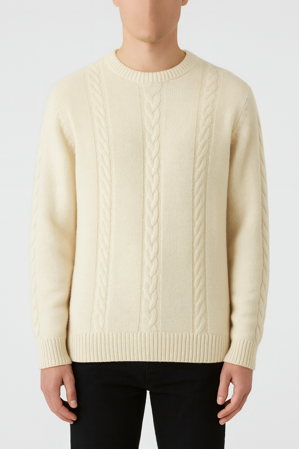 Men’s Crew Neck Wool Cable-Knit Sweater with Textured Pattern