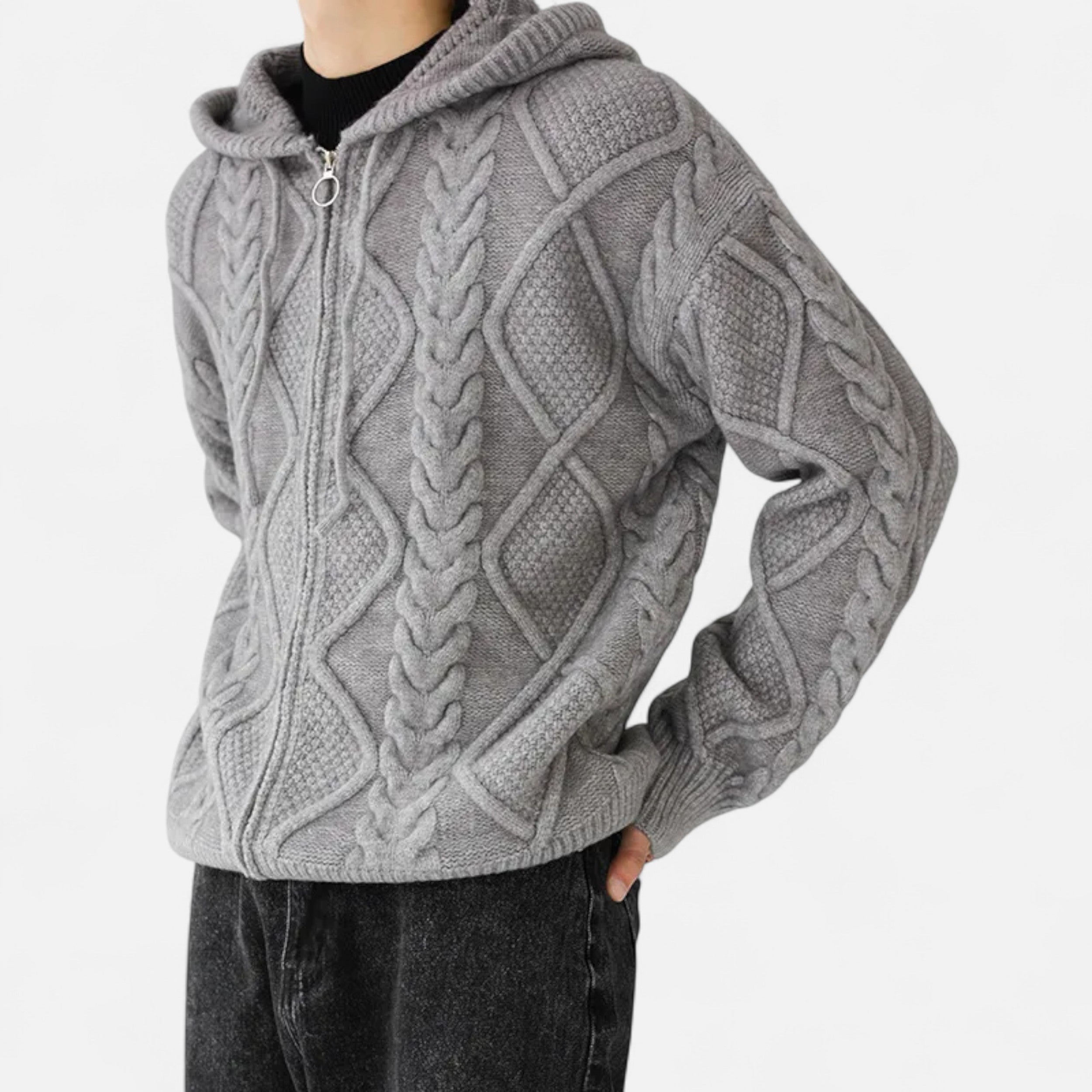 Men’s Loose Fit Hooded Zip-Up Coat with Diamond Quilted Pattern