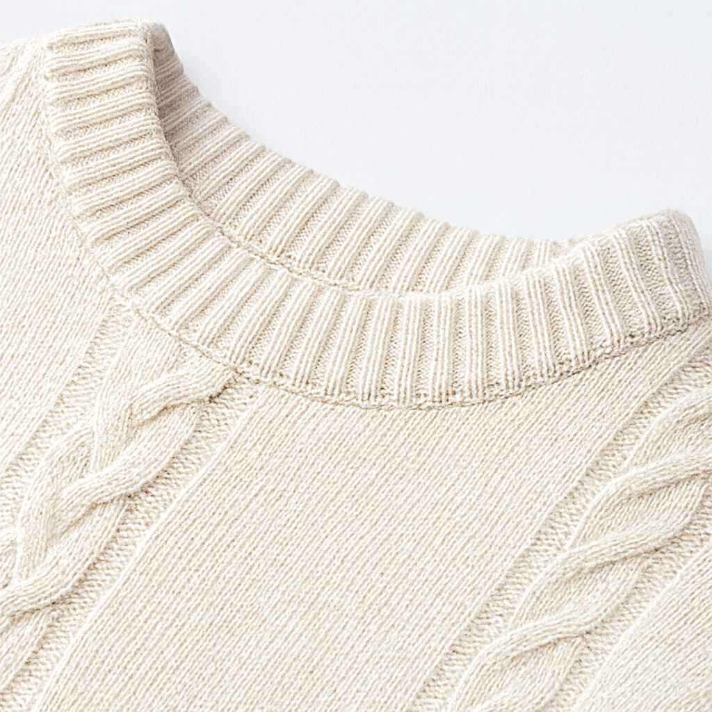Men’s Merino  Crew Neck Wool Cable-Knit Sweater with Textured Pattern
