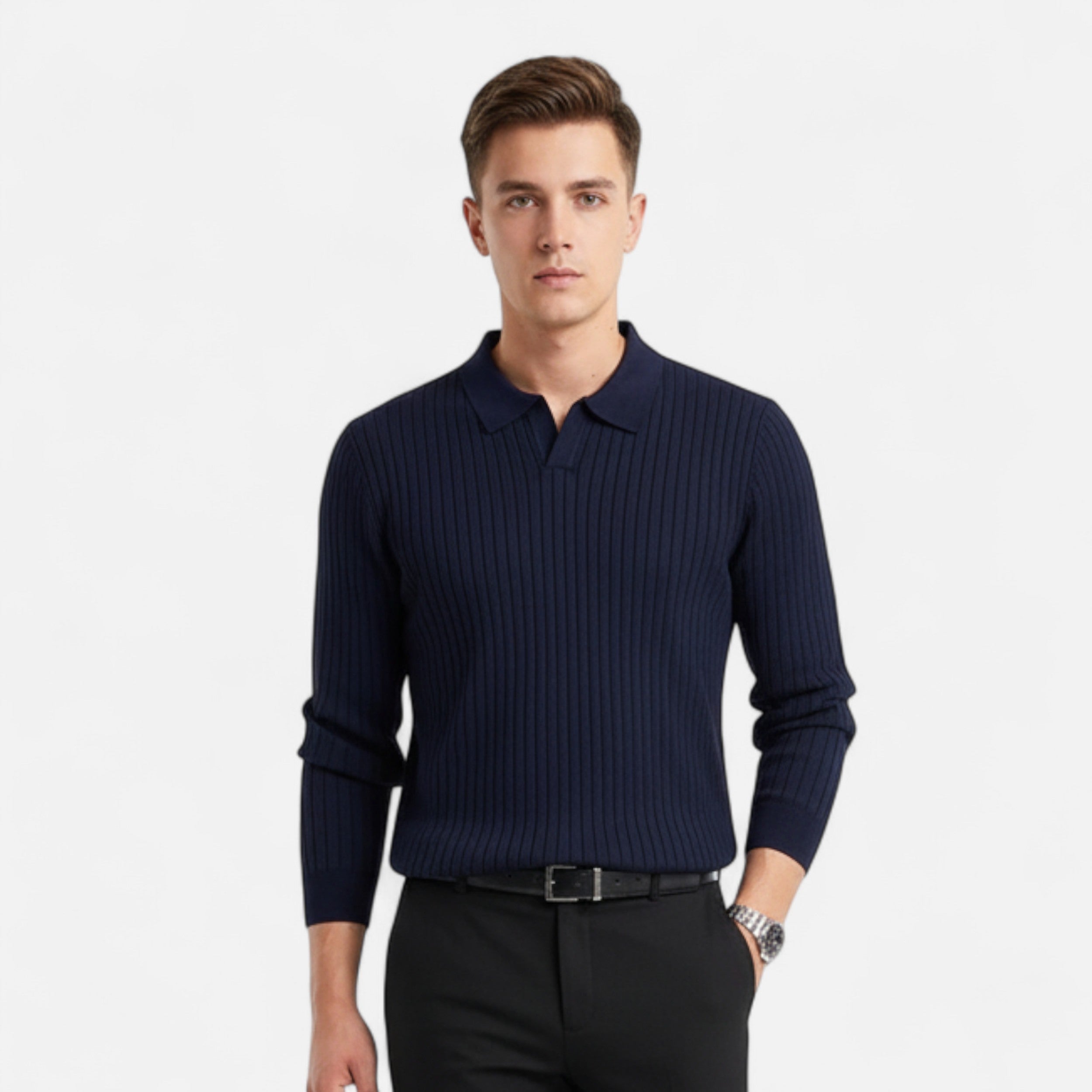 Men’s Textured Waffle Long-Sleeve Slim Knit Polo Shirt