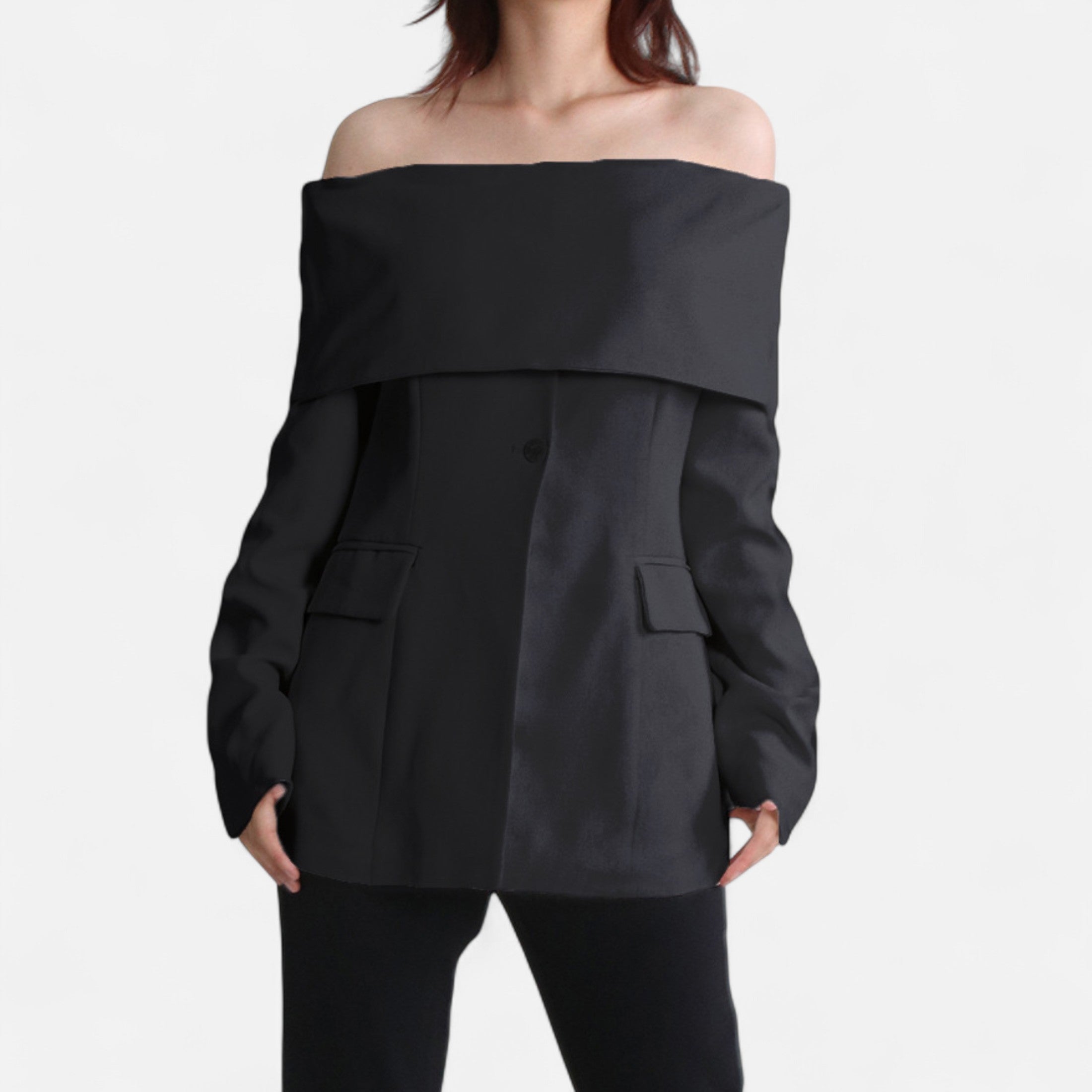 Women’s Off-Shoulder Long Sleeve Suit Coat – Buttoned Structured Design