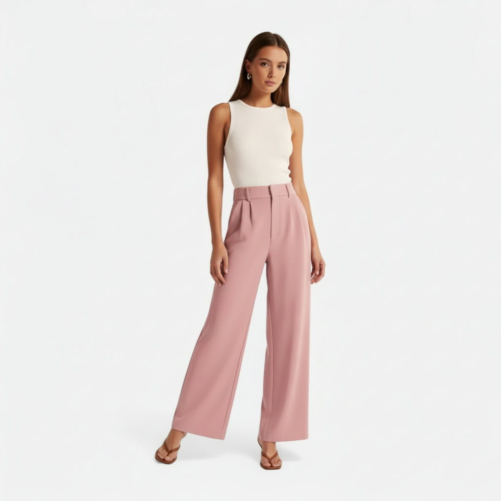 Women’s Solid Color High-Waist Trousers with Pocket Detail