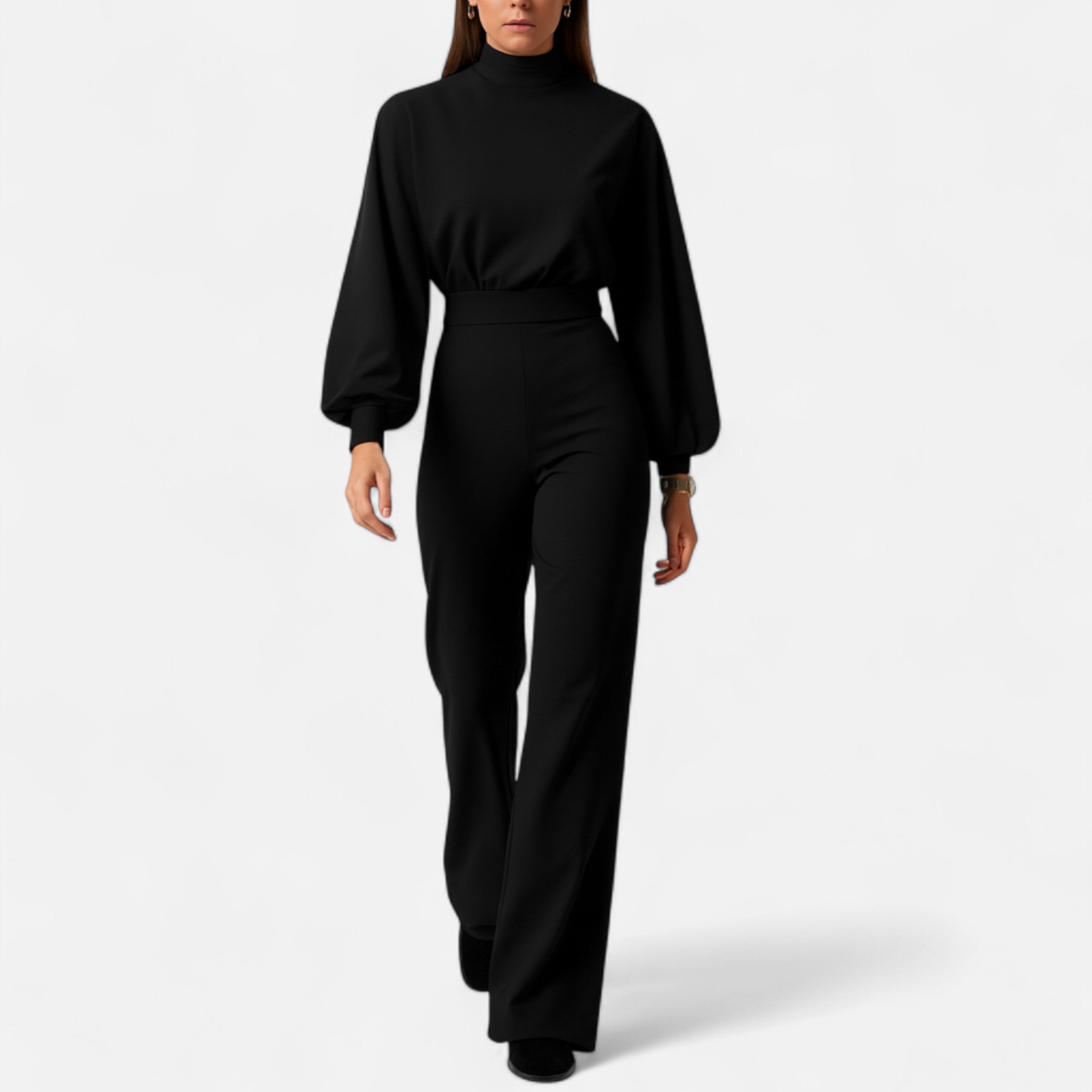 Women’s Wide-Leg High-Waist Jumpsuit with Lantern Sleeves